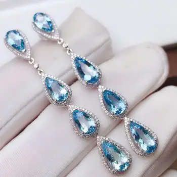 

Z625 Fine Jewelry Real Pure 18 K Gold AU750 Blue Aquamarine 7.52ct Gemstones Female Drop Earrings for Women Fine Earrings