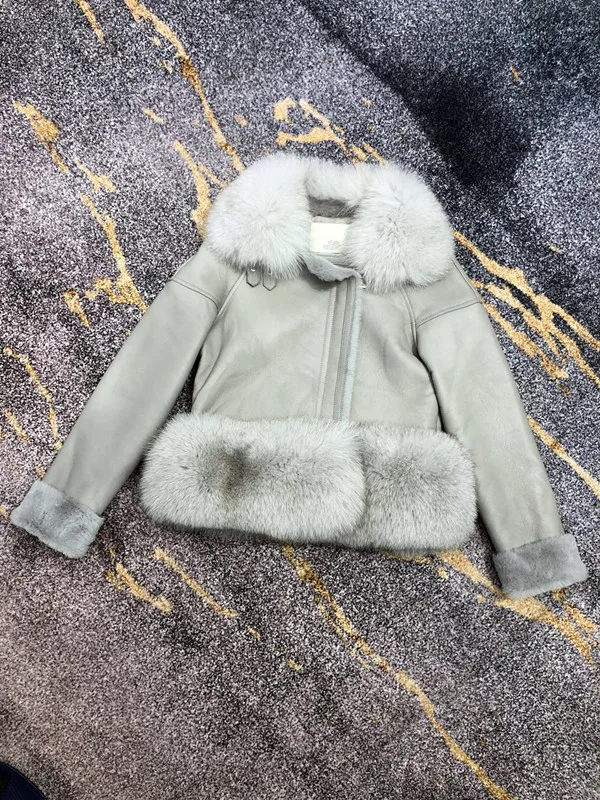 gray leather fur Женские куртки и пальто с мехом размера плюс Натуральная Овчина кожаная куртка женские пальто воротник из лисьего меха и низ из настоящей овцы - Цвет: gray leather fur