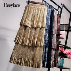 2019 Осенняя юбка для торта Женская бархатная плиссированная макси юбка для женщин с оборками с высокой талией трапециевидная длинная юбка