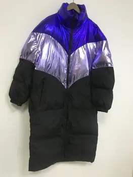 

2020 New Women Mid-Length Parkas Coat Color Patchwork Stand Collor Jacket Long Sleeve Winter Fashion Zipper Outwear Top