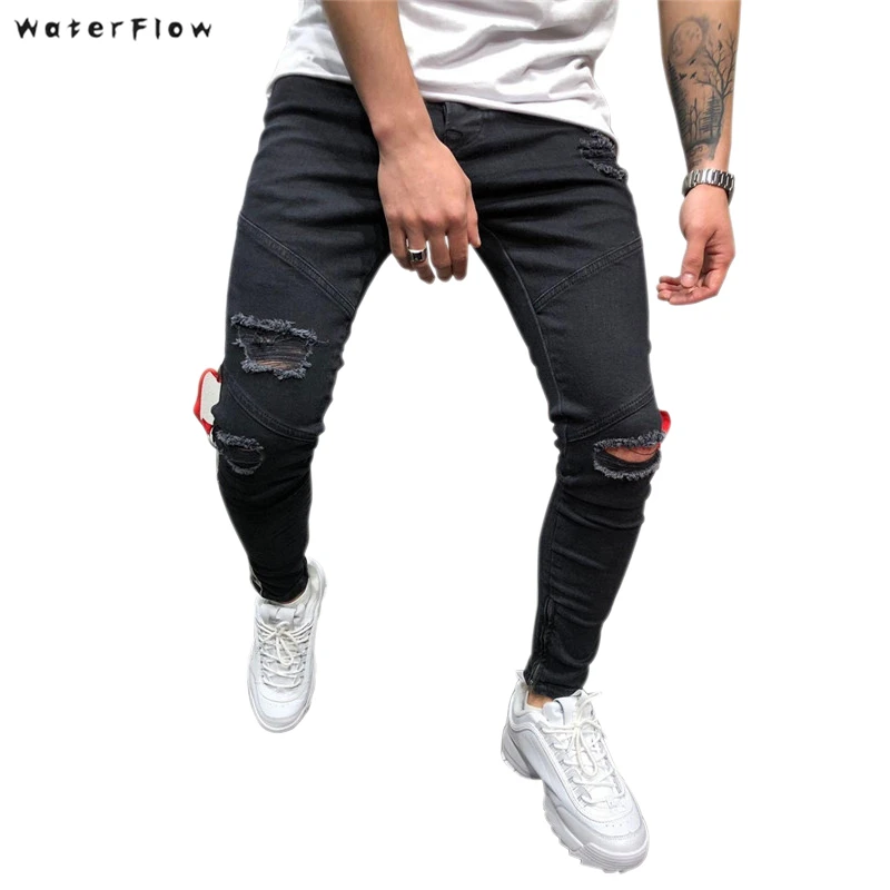 Knee Hole Side Zipper Slim Distressed Jeans Men Ripped tore up streetwear For Men slim stripe pants
