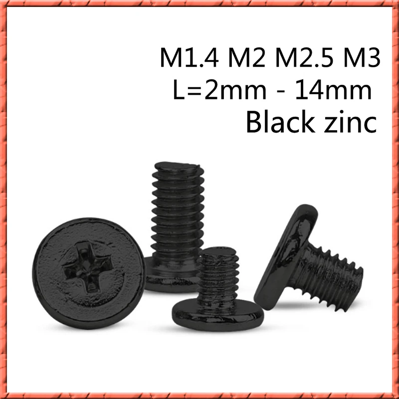 500 шт./лот M1.4/M2/M2.5/M3 * 2 мм 14 черная цинковая тонкая головка микро машина винт плоская ноутбук электронный