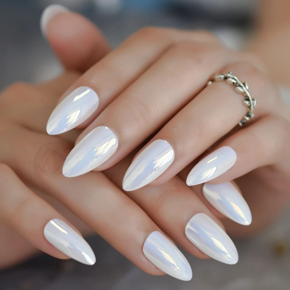  Unicorn Chrome Nails Fake Almond Medium White Acrylic Tips Mirror Shiny Decorative Fingernails with