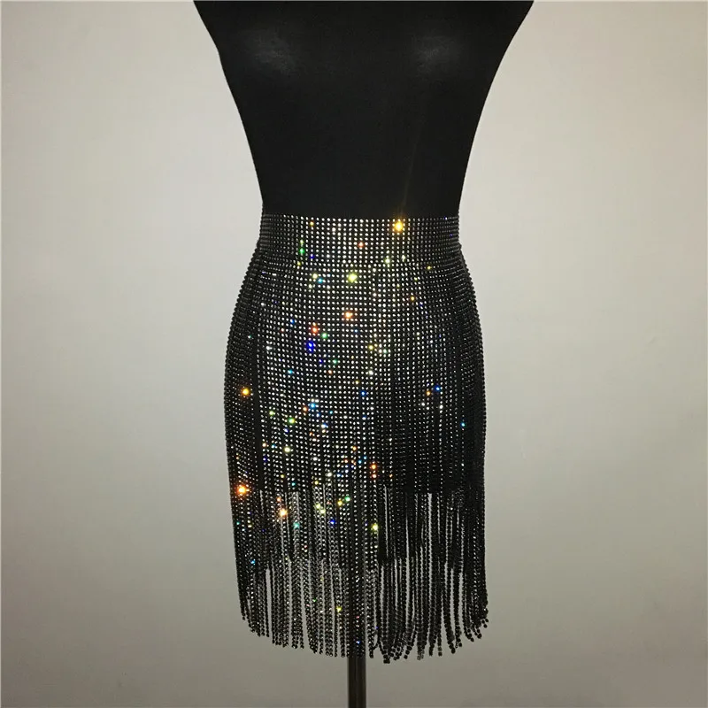 Блестящие стразы, черная длинная юбка, с кисточками, с кристаллами, бриллиантами, бандажная, из кусков, свободная, сексуальная, для женщин, для танцев, вечеринок, Клубная, модная юбка