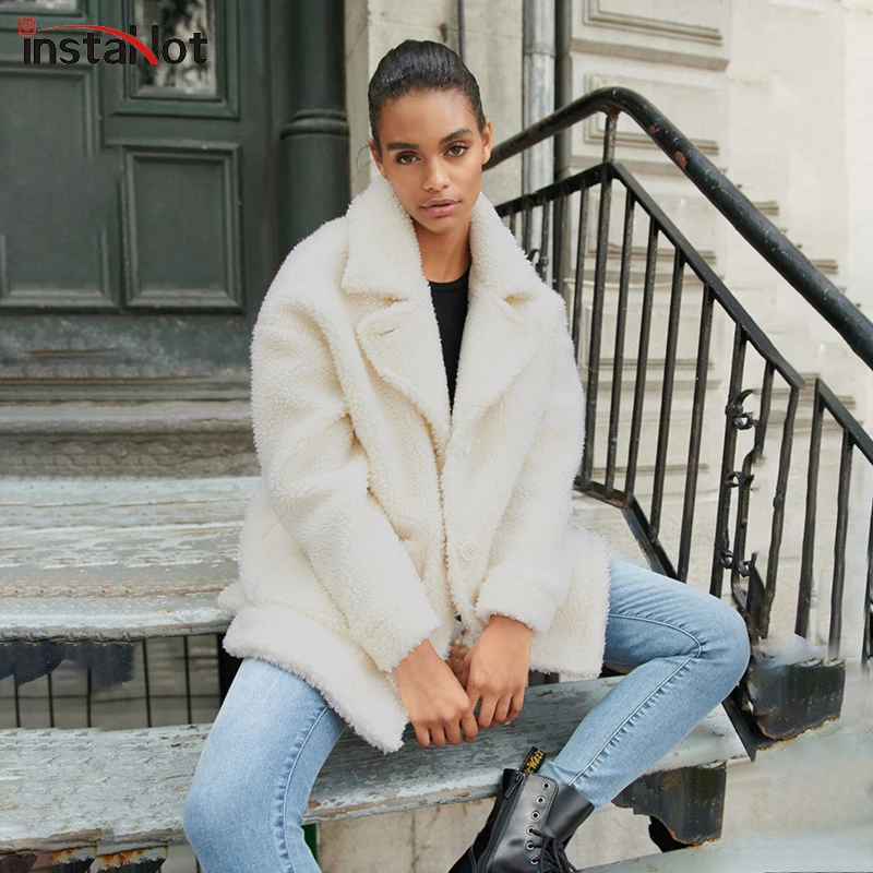 

InstaHot Faux Fur Women Coat Autumn Winter Plus Teddy Button Pocket Soft Female Casual Jacket Vintage Warm Outerwear Fashion Top