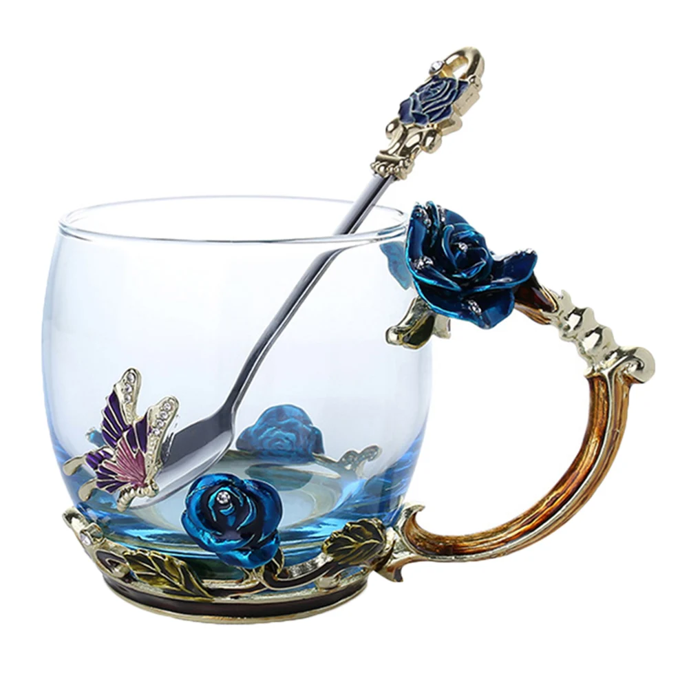 Эмаль кофе чайная чашка, кружка 3D Роза бабочка стеклянные чашки свадебный подарок JS23