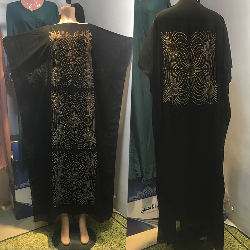

NewFashion African style Abaya long Dashiki Diamond Golden Clothes Black Dress Kalama loose and comfortable Muslim Robe For Lady