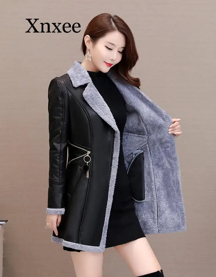 Women Leather Windbreaker Plus Velvet Thick PU Leather Cotton Coat Long Suit Collar Large Size Fashion Warm Leather Jacket