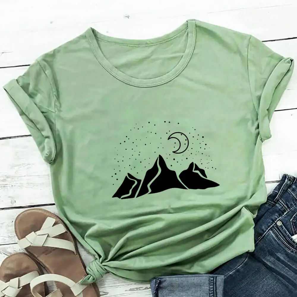 

Aesthetic Stars Moon And Geometric Mountains Cotton T-Shirt Fashion Women Graphic Nature Tshirt Casual Summer Tumblr Hipster Tee