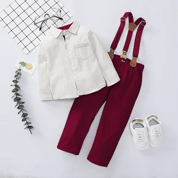 

Autumn Baby Boy Clothes Sets Outfits Long Sleeve Striped Print Shirt Blouse+Trousers+Strap Casual Set