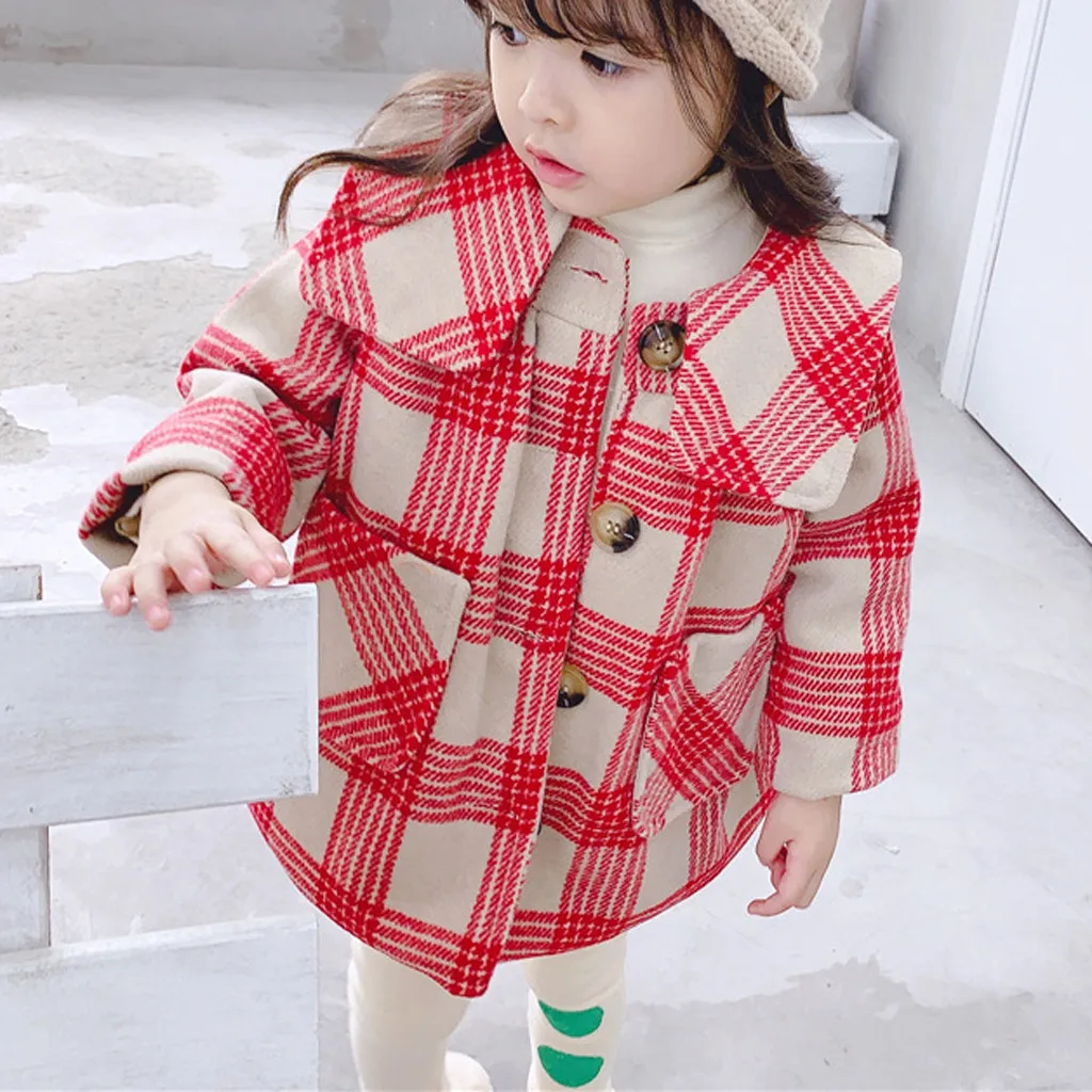 SAGACE Winter Baby Girl Coat Plaid Wool Jackets For Kids For Christmas Cute Winter Button Jacket Outwear Toddler Girl Coats