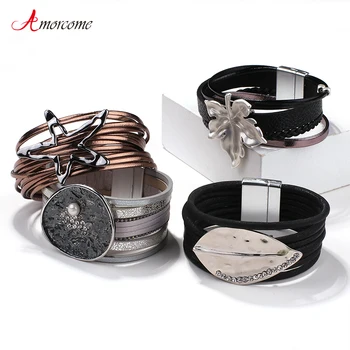 Amorcome Multi-type Stars Leaf Flower Round Charm Leather Bracelets for Women Multilayer Wide Wrap Bracelet Wristband Pulseira