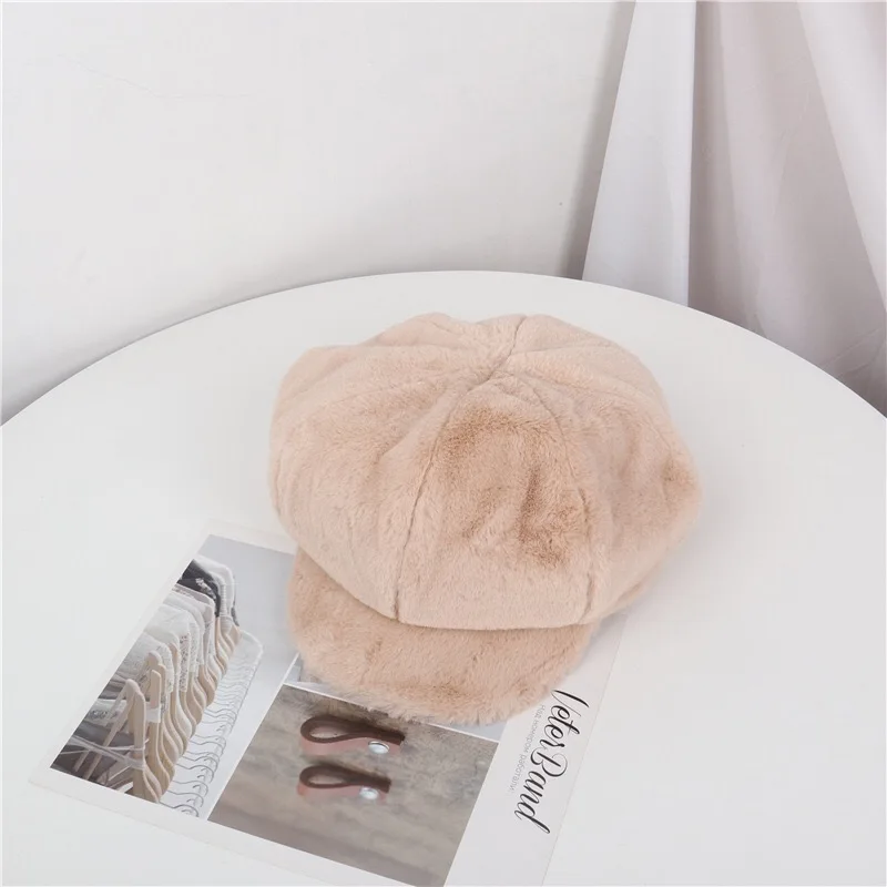 Beige Осенне-зимние женские шапки из мягкого флиса, меховые женские береты, однотонная восьмиугольная кепка газетчика, винтажная Кепка художника для девочки - Цвет: Beige