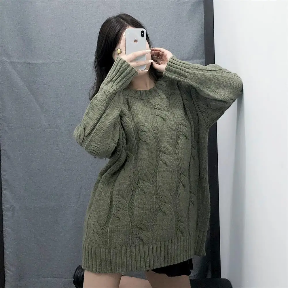 Pullover winter retro round neck lazy loose twist was thin thickened bottoming wool sweater shirt | Женская одежда