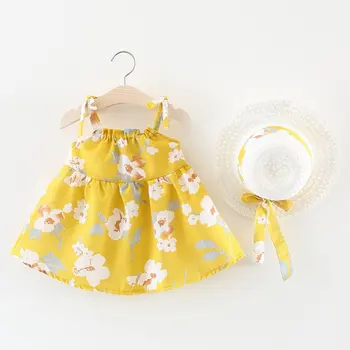 

OUTAD Baby Girls Dress White Magnolia Printed Baby Girls' Fresh Sling Spaghetti Strap Casual Swing Princess Dress with Match Hat