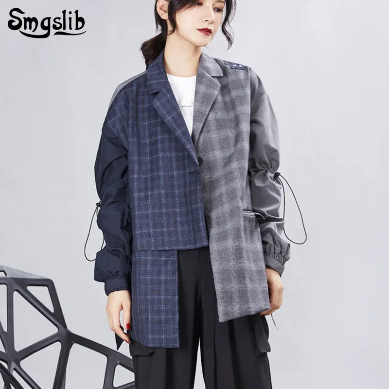 

2019 Women's Coat jacket Striped Turn-down Collar Single Breasted Hit Color Spliced Plaid Personality female coats Fashion Tide