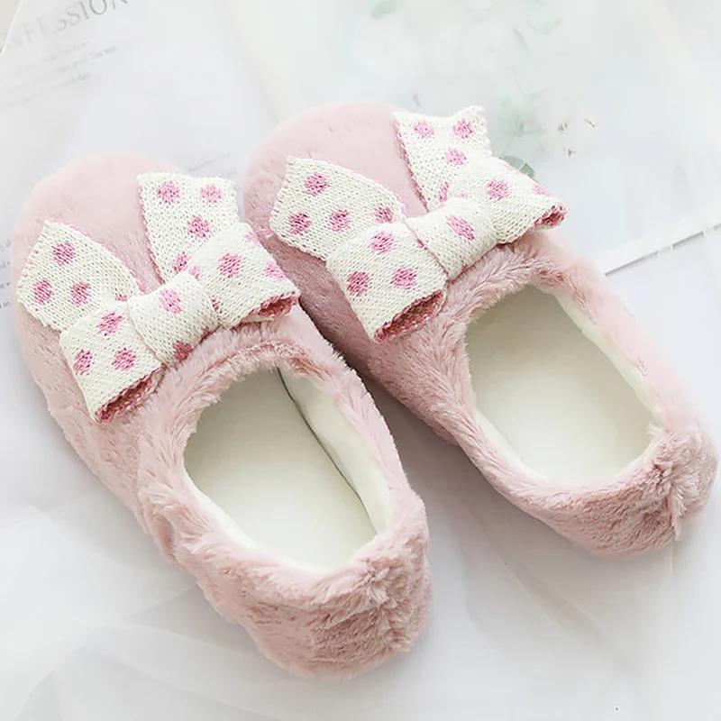 Home slippers Butterfly-knot Plush Warm Winter slippers Large Size 42 Indoor slippers Non slip Comfortable Bedroom slippers