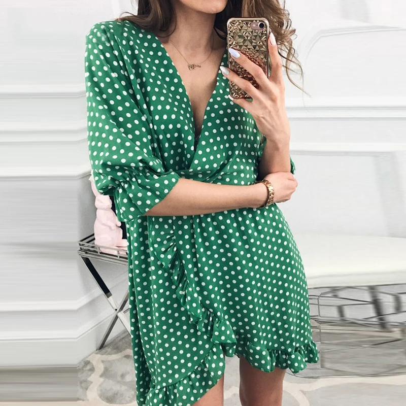 2019 HOT Short Women Dress Ruffle Print Polka Dot Sexy Beach Wrap Vintage Half Sleeve Summer Party Mini Dresses Vestidos | Женская
