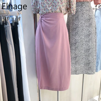 

Elnage Korean High Waist Temperament Package Hip Skirt Summer for Women Slim Solid Pleated Midi A Line Faldas Elegant 5A830