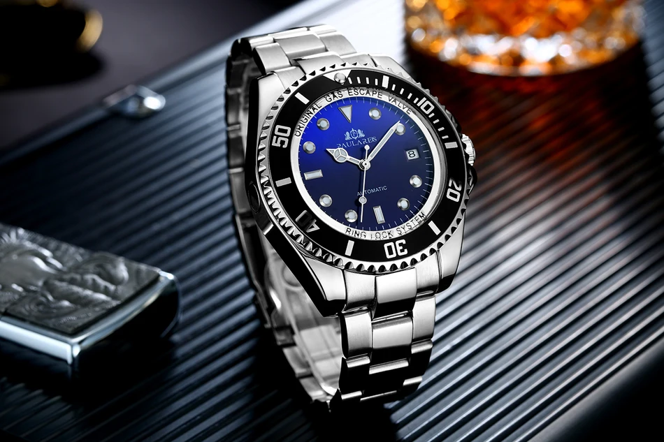 Automatic Self Wind Mechanical Stainless Steel Strap Gold Silver Gradient Black Blue Dial Date Business Men_voghion.com
