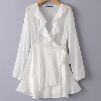 

LANMREM 2020 new autumn sexy Sweet Chiffon Dress Short Solid Color Ruffles Full Sleeve V-neck Girl Clothes Vestido WA22200L