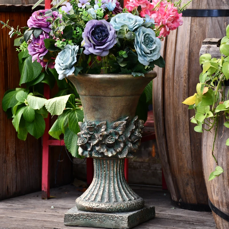 

European Antique Gold Cylinder Large Caliber Cement Flowerpot Ornaments Fake Flower Courtyard Garden Furnishings Crafts Decor