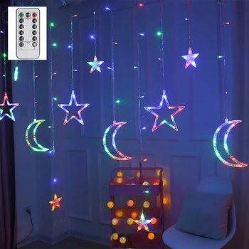 

LED Star Moon Lamp Fairy Curtain String Lights Christmas Garland Outdoor For Bar Home Wedding Party Garden Window Decor Lights