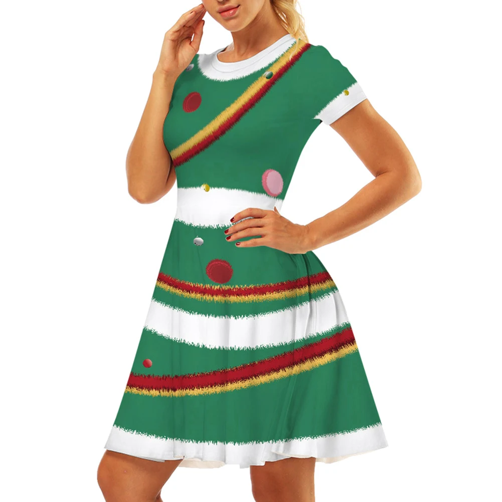 Christmas Dress Women Dresses Xmas Dress Round Neck Short Sleeve A-Line Dress Midi Dress Slim Fits Dresses for Women Party Dress