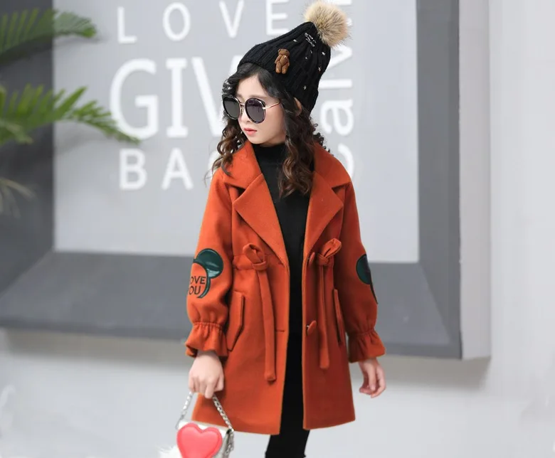 Girls woolen coats Children pure color lapel windbreaker Winter Kids pompon outwears