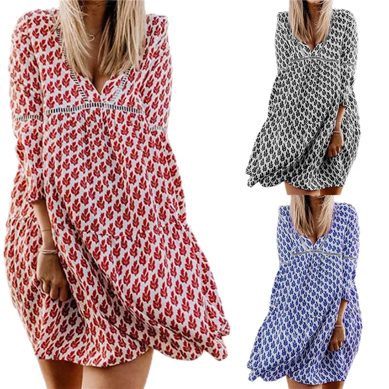 

Dress women Plus Size summer dress Loose Print Long Sleeve V-Collar Button Mini Beach Dress vintage