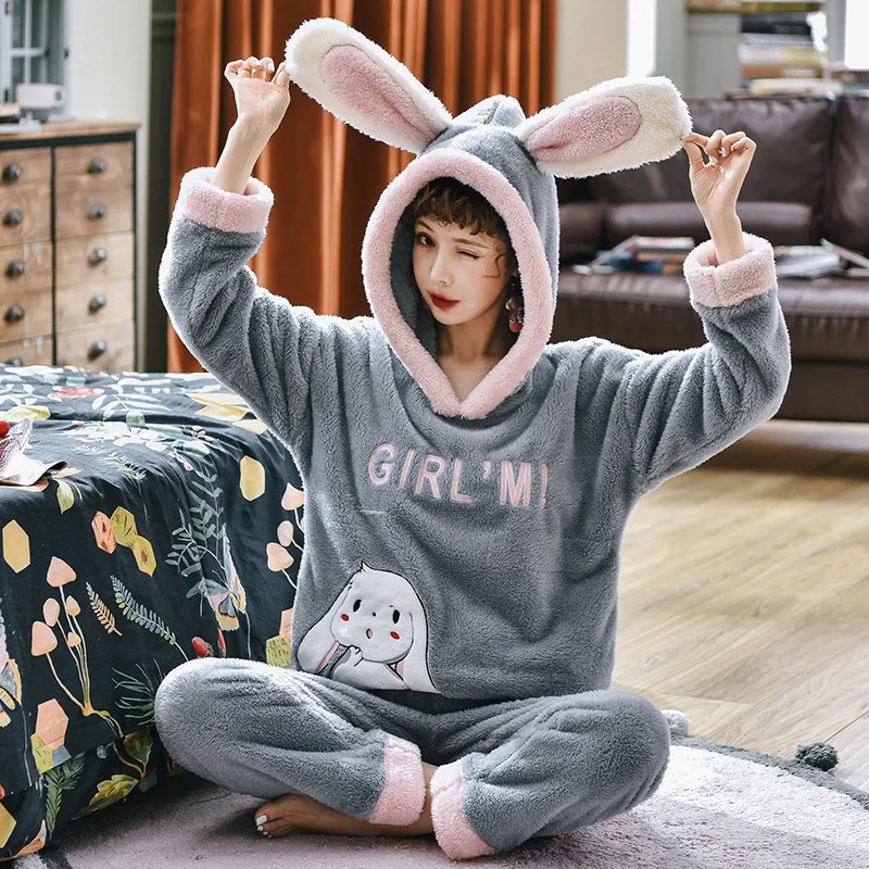 

Coral Velvet Pajamas Women's Winter Cute Rabbit Thick Warm Flannel Spring Students Hooded Homewear Set