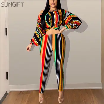 

SUNGIFT Dashiki African Clothes For Women Puff Long Sleeve Stripes Jumpsuit Shoulder off Top and Slim Pants 2019 New Autumn