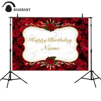 

Allenjoy Happy Birthday Banners Cloth Roses Flowers Golden Glitter Frame Red Photobooth Baby Shower Adult Party Wall Decoration