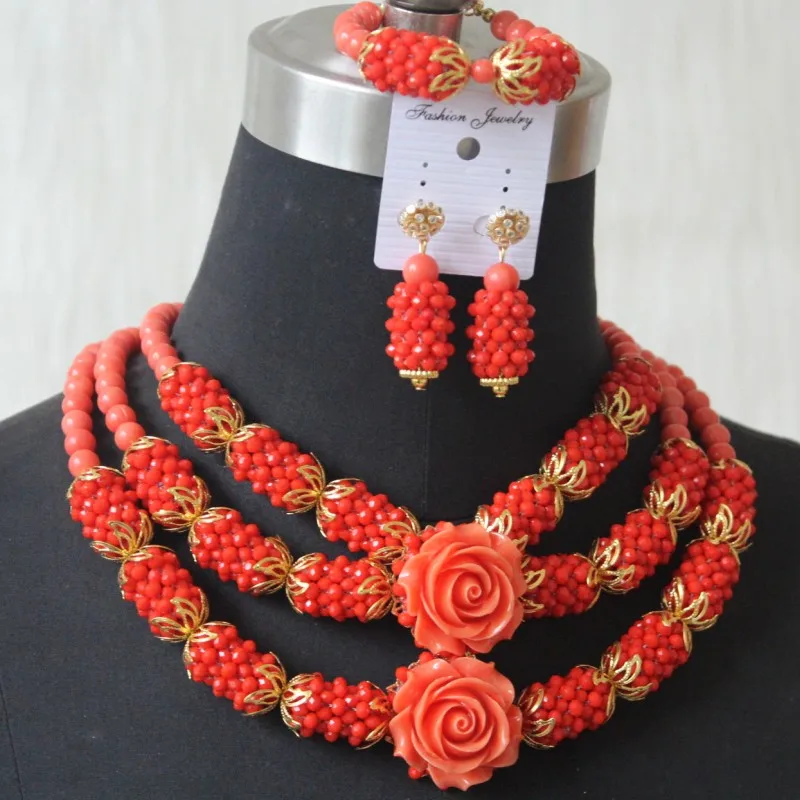 4uJewelry 8 мм натуральный коралловый бисер+ хрустальные африканские бисерные шарики комплект ювелирных изделий 3 слоя Свадебные ювелирные изделия серьги браслет ожерелье