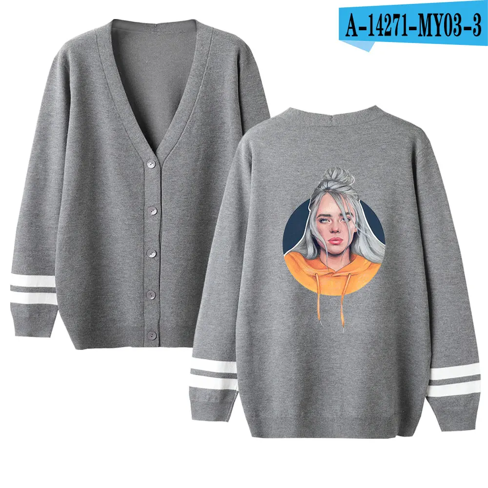 Billie Eilish женский/мужской осенний/Зимний женский вязаный кардиган размера плюс, пальто, Маленькая шаль, вязаная одежда в стиле хип-хоп, Billie Eilish, свитер - Цвет: gray