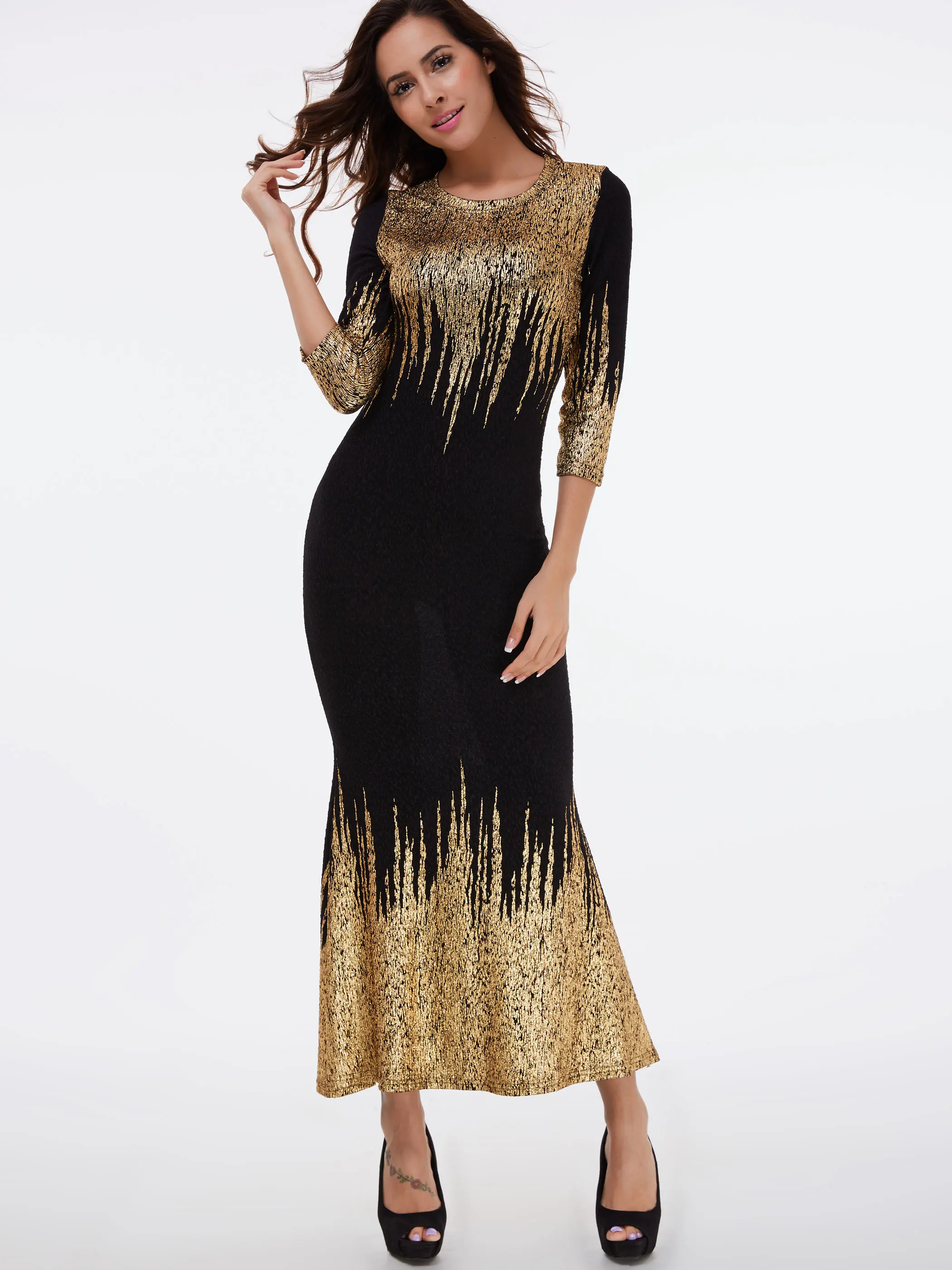 

Round Neck Gold Stamping Maxi Dress Women Autumn Black Bodycon Long Mermaid Dresses Office Ladies Mid Calf Elegant Party Vestido