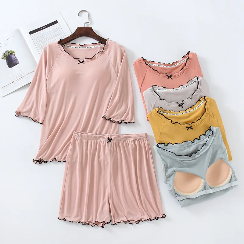 Fdfklak M-2XL Große Größe Schlafen Pyjamas Anzug Sommer Mit Brust Pad Set Nachtwäsche Kleidung Für Frauen 2025, Neue Modale Pijama – Detail 1