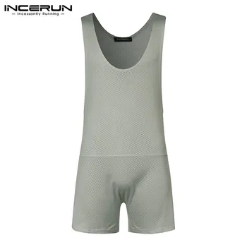 

INCERUN Men Pajamas Bodysuit Onesie Sleeveless Solid Mesh Breathable Sexy Loungewear Slim Jumpsuit Men Sleepwear Boxers 2020