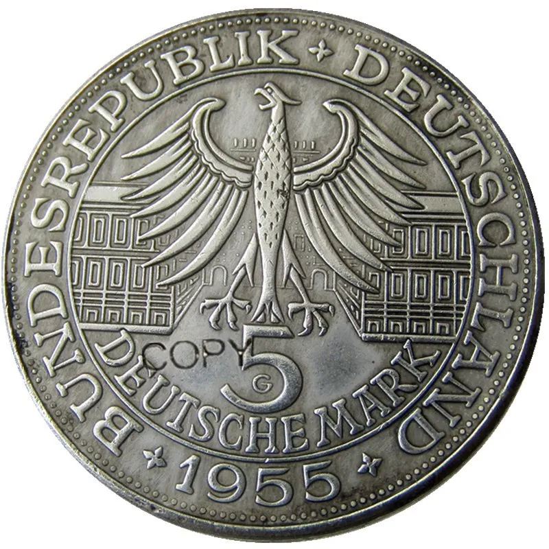 Германия, ФРГ, 5 Марка, 1955 г Посеребренная Имитация монеты