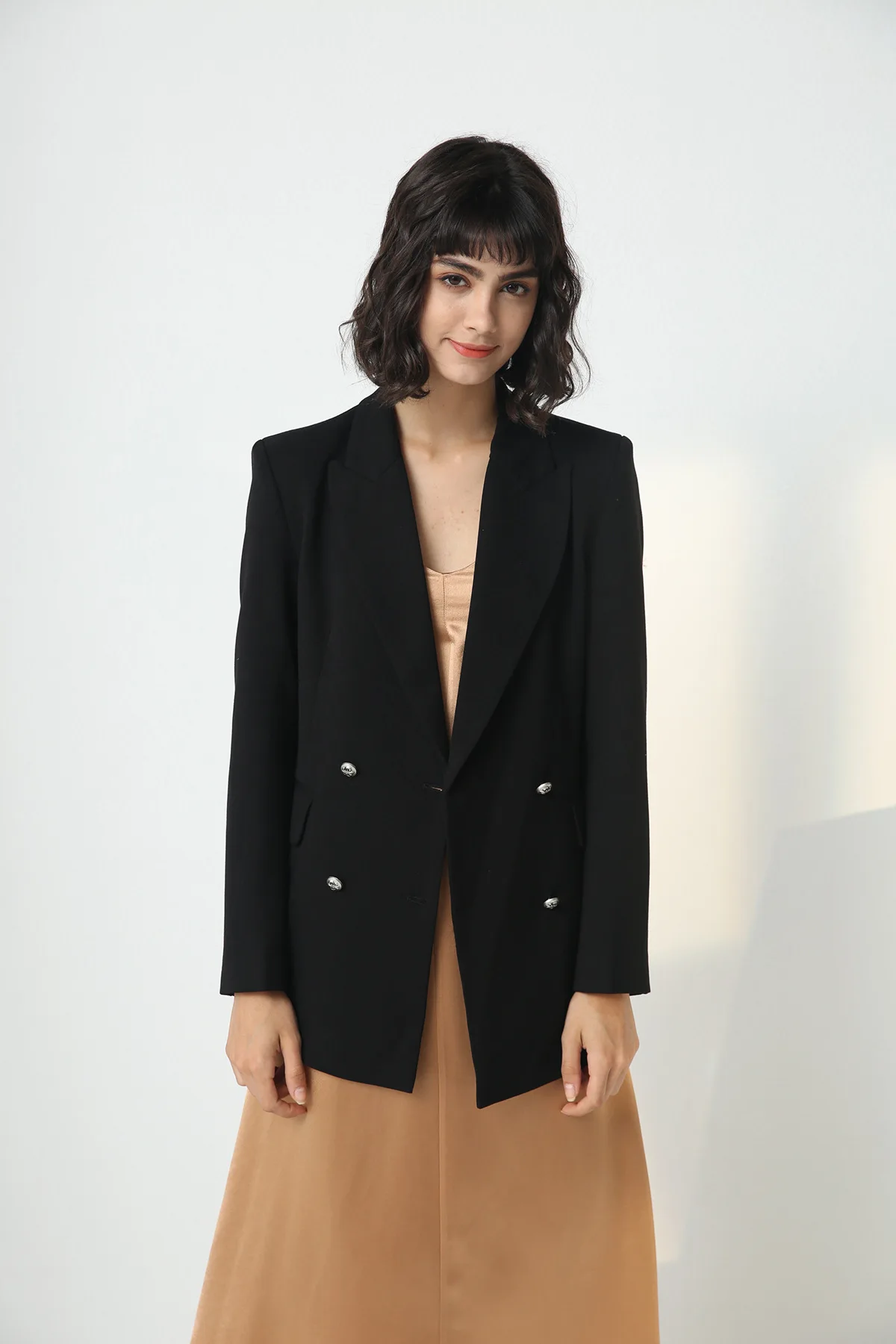 Black Double Buckle Slim High-end Stars with Long Sleeve Ladies Suit Notched Double Breasted Women Jackets and Coats