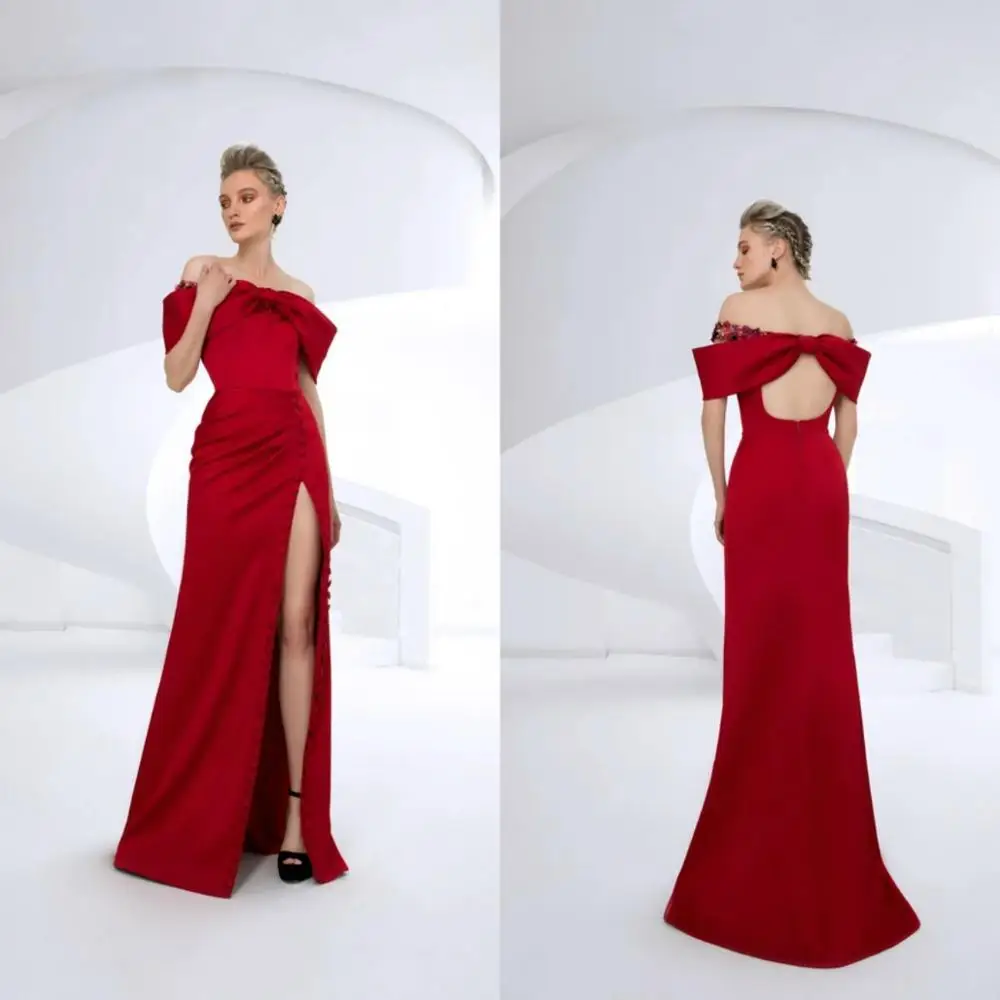 

Red Evening Dresses 2020 Satin High Side Split Designer Prom Dress Formal Gowns A Line Off The Shoulder Special Party Dress