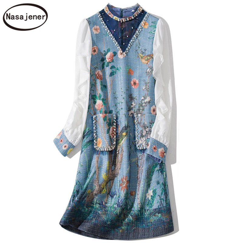 

Autumn And Winter New Women's Elegant Fashion Temperament Sweet Heavy Work Beaded Mesh Stitching Printing Diamonds Slim Dress