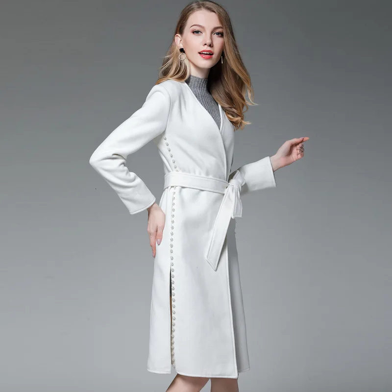 

Luxury Cashmere Long Overcoat Women 2020 Autumn Solid Beige Double-face Woolen Beading Coat Streetwear Belt Office Outwear Women