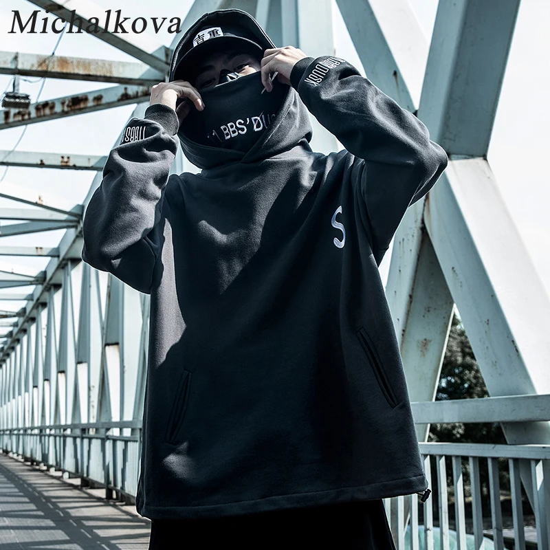 

michalkova Hip Hop Patchwork Loose Hoodies Men Embroideried Pullover 2020 Fake Two Techwear Hoodies Darkwear Tops Streetwear