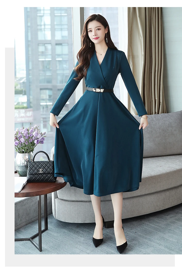 Осень Новое поступление размера плюс высокое качество элегантное однотонное женское шифоновое длинное платье с поясом