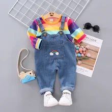 1-4T Kids Girl Overalls Sets Rainbow Striped Shirts With jeans children long trousers girls suspenders denim Bib pants child