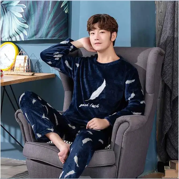 New Style Men's Pajamas Set Autumn Winter Warm Flannel Thicken Pajamas Sets Long Sleeve Sleepwear Top Pant Leisure Pijamas Male silk pj set Men's Sleep & Lounge