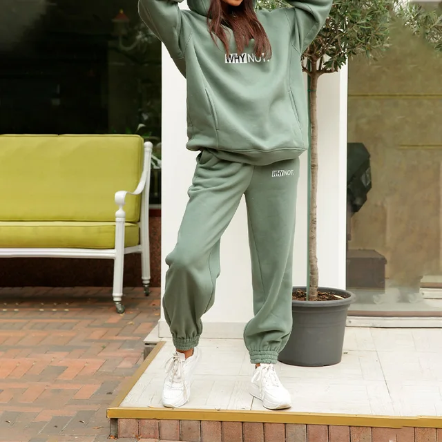 Two Piece Set Casual Fleece Tracksuit Women Winter 2021 Women's Sets Oversized Hooded Long Sleeve Hoodie Sport Pants Lady Suit 03 Green Print