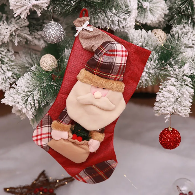 Christmas Stocking For Christmas Decoration,big Plaid Santa Claus Elk Snowman Christmas Candy Stocking Lovely Gift Bag
