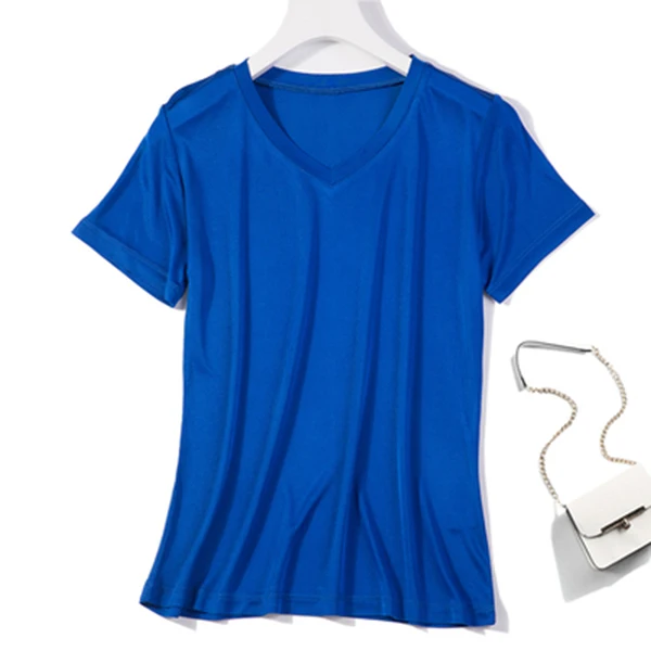 Летняя уличная футболка из натурального шелка modis размера плюс, женская футболка camiseta mujer, футболка, женская футболка, топы, женские рубашки - Цвет: Royal blue